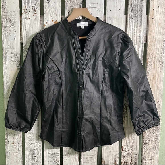 Cerule Black Faux Leather Top Womens Size XL Button Up V-neck Romantic Night Out - Picture 1 of 10